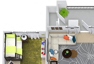 The Turin 3D The Turin 3D. 3 bedroom apartment with study room. Kitchen with bartop open to living/dining rooms. 2 full bathrooms, double vanity in master. Walk-in closets. Patio